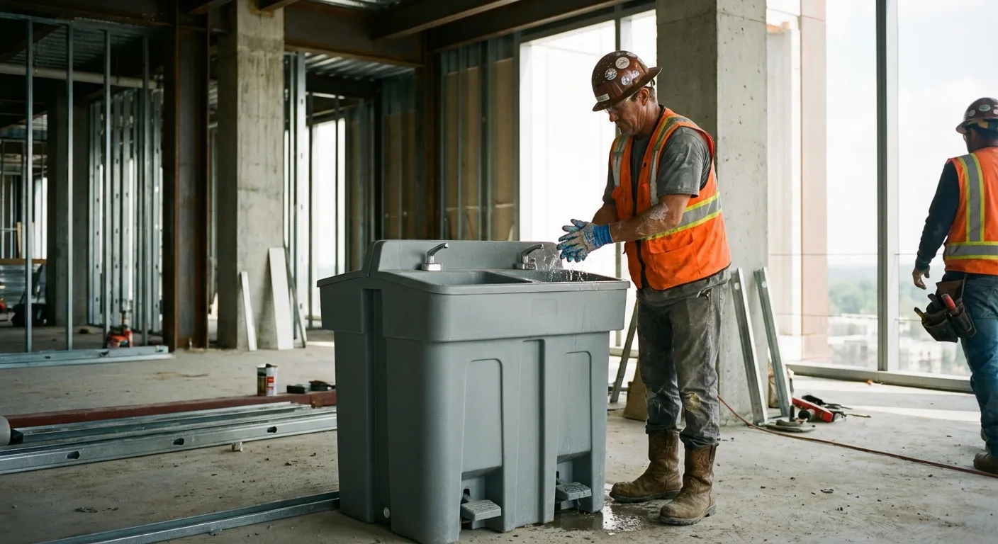 A dual-basin hand wash station positioned on a concrete floor of a high-rise construction site with the city skyline visible through open steel framing. in Merced, CA