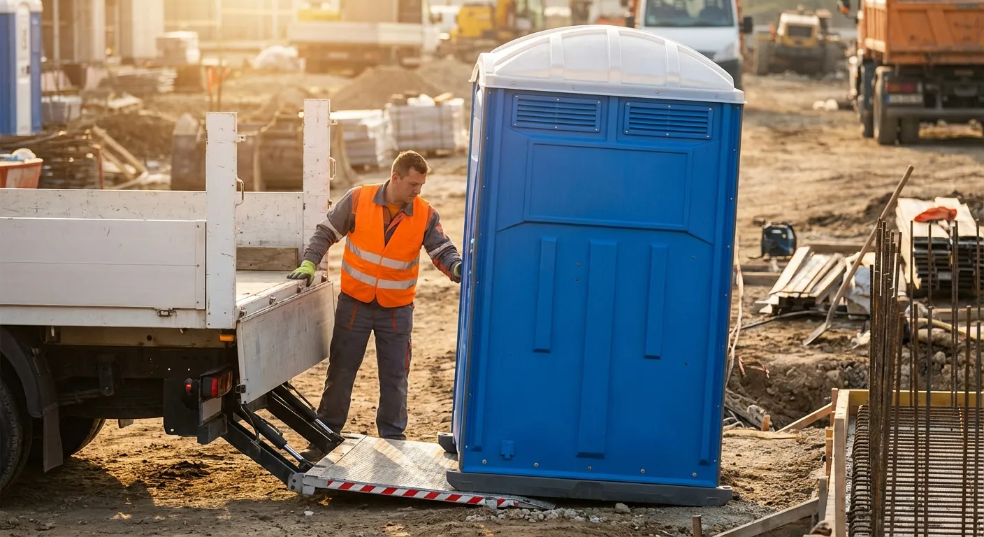 Portable toilet rental delivery truck in Merced, CA