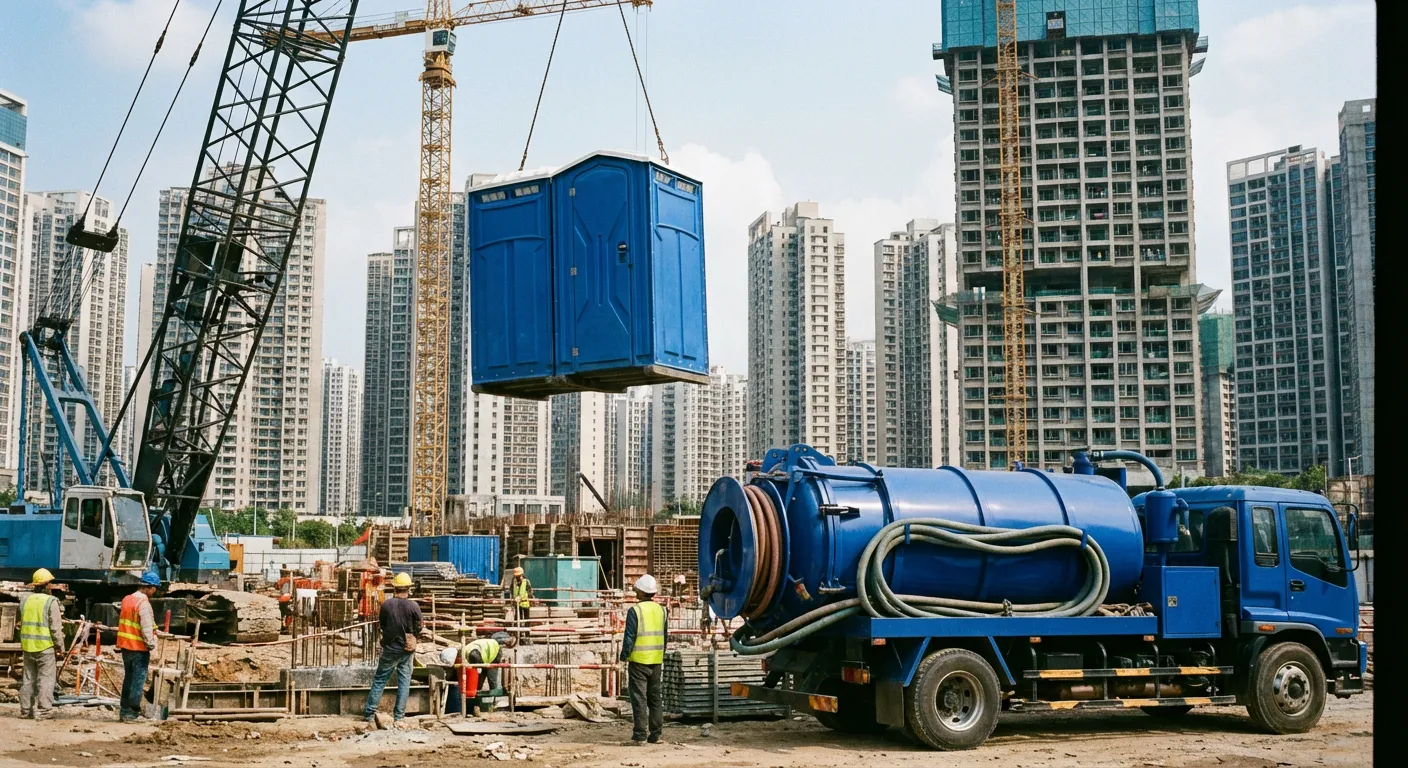 A High-Rise Crane Liftable Toilet unit suspended in mid-air by a crane against a city skyline during the day, showcasing the steel sling attachment. in Merced, CA