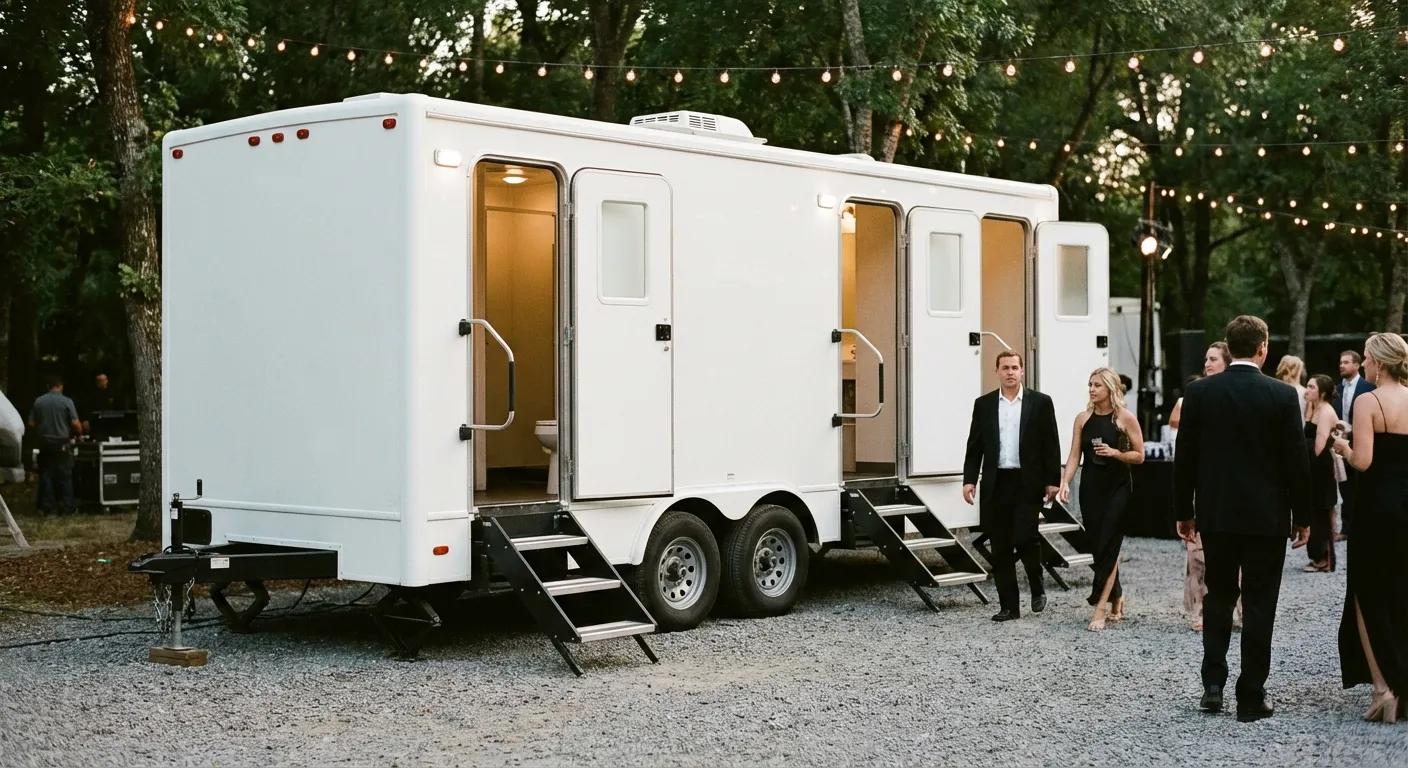 Exterior of a Luxury Restroom Trailer at an evening event, warm lighting spilling from the door, positioned discreetly near a manicured lawn. in Merced, CA