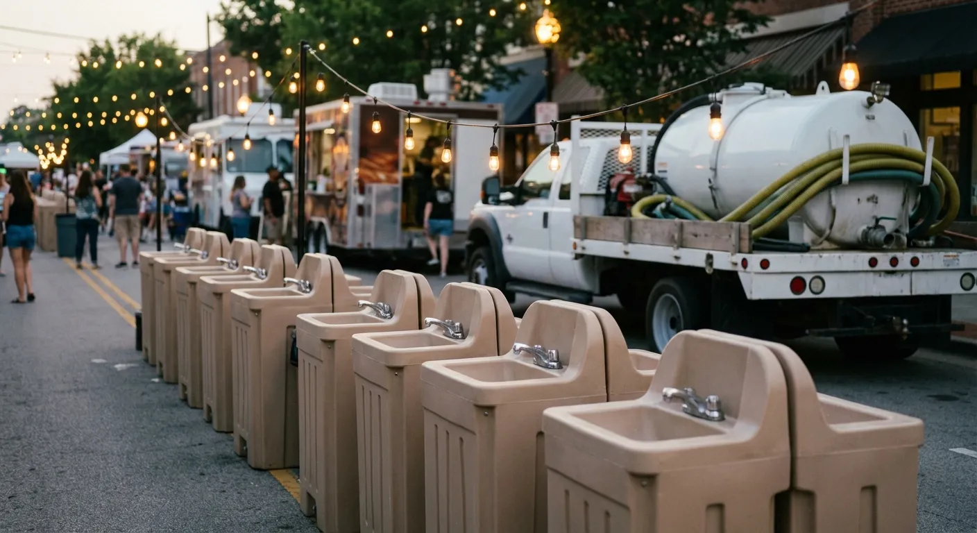 A row of clean, grey portable hand wash stations set up on pavement near food trucks, with blurred festival lights and crowd in the background. in Merced, CA