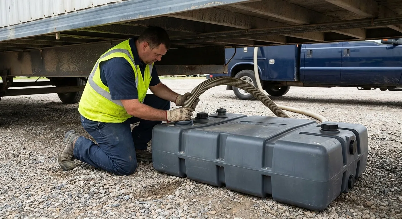 Gateway Portable Restrooms vacuum truck servicing a waste holding tank at a construction site in Merced, CA
