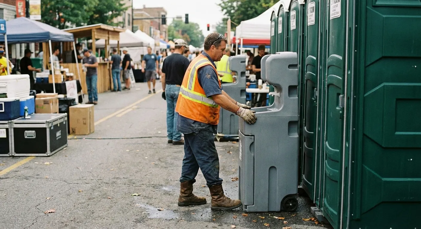 A row of pristine Special Event Portable Restrooms and hand wash stations lined up along a festival barrier with blurred crowds in the background. in Merced, CA