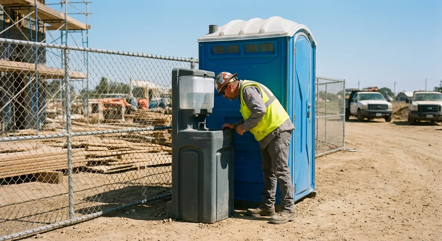 A close-up view of a portable hand wash station next to a portable toilet on a dirt construction site, focusing on the foot pump mechanism. in Merced, CA