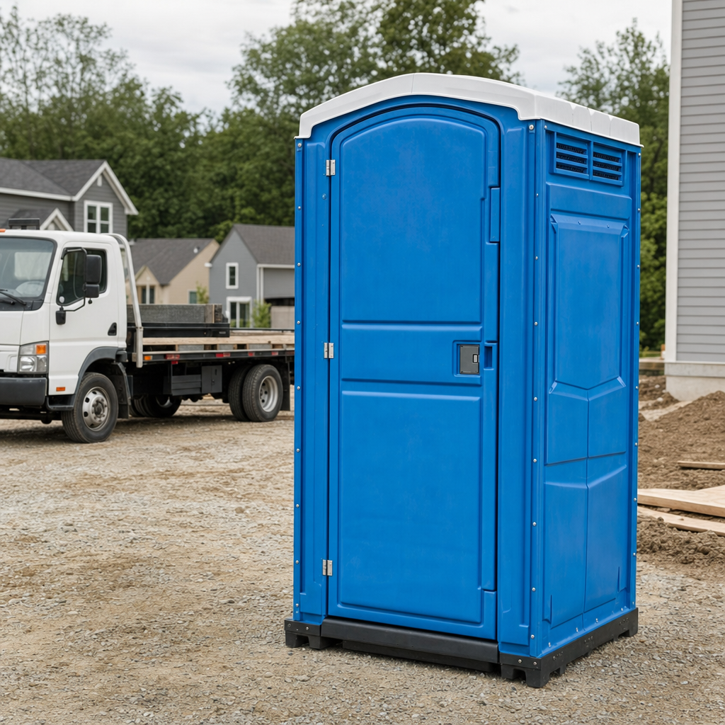 Delivery driver positioning a clean royal-blue portable toilet on level ground at a Merced worksite