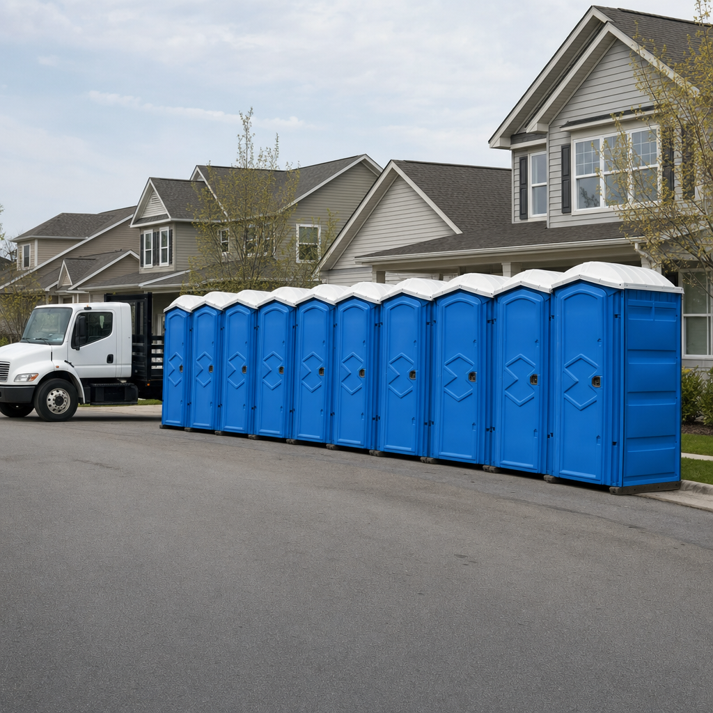 Royal blue portable toilets staged in a tidy row at a Merced jobsite, ready for delivery