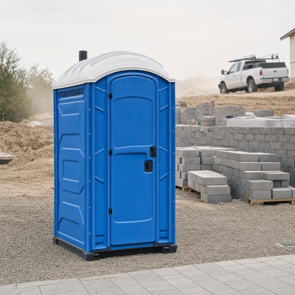 standard porta-potty staged at a hardscape jobsite